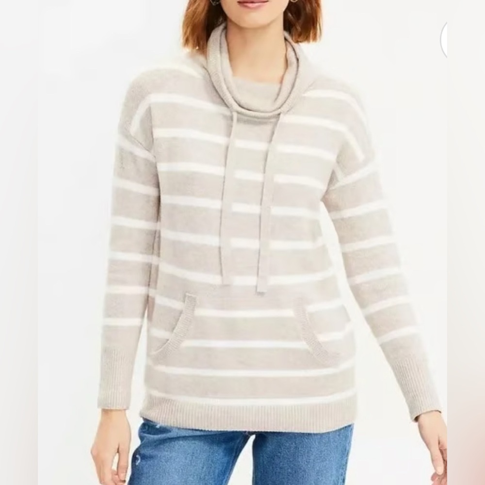 NWT Loft Striped Drawstring Neck Pocket Sweater Stone Heather medium
